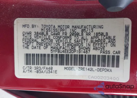 2013 Toyota Corolla L from USA, damaged, VIN 5YFBU4EE2DP191487